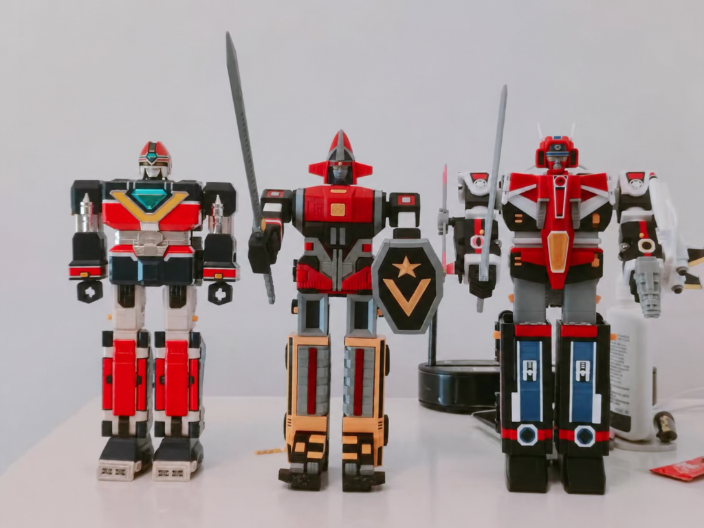 Goggle Robo shown with other 3D-printed combining robots for size comparison
