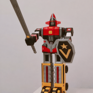 3D-printed Goggle Robo with sword and shield from an angled view