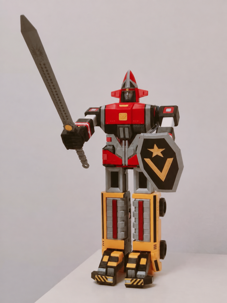3D-printed Goggle Robo with sword and shield from an angled view