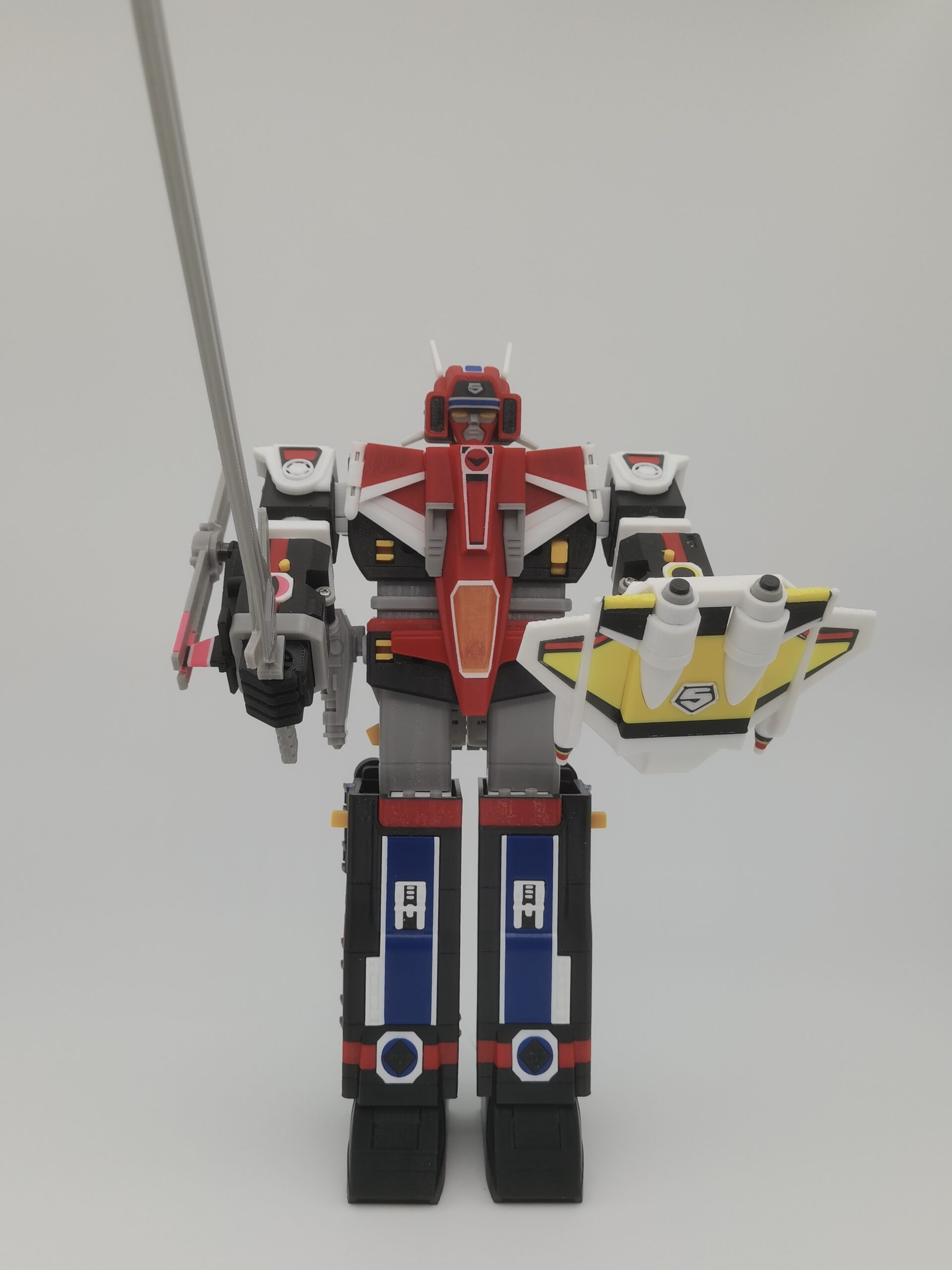 3D-printed Maskman Great Five robot with sword and shield