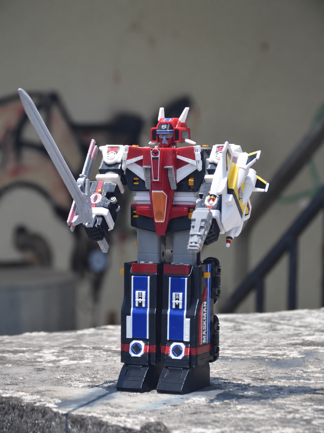 Maskman Great Five robot holding a sword and shield